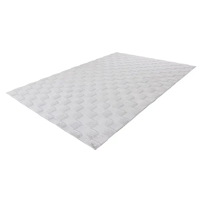 Kayoom Hochflorteppich Botany 625 - Silber, 150 x 80 cm, 100 % Polyester - Weißer rechteckiger Plüschteppich mit erhabener geometrischer Textur.