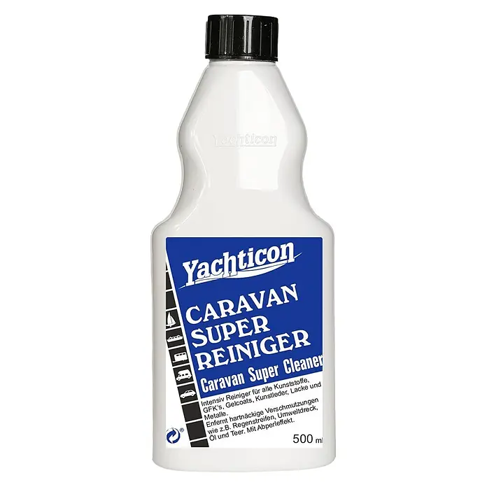 Yachticon Reinigungsmittel Caravan Superreiniger - 500 ml - Weiße Kunststoffflasche mit schwarzem Verschluss und blauem Etikett für Yachticon Caravan Super Reiniger. Reinigt Oberflächen wie Kunststoffe, Gelcoats und Metalle.