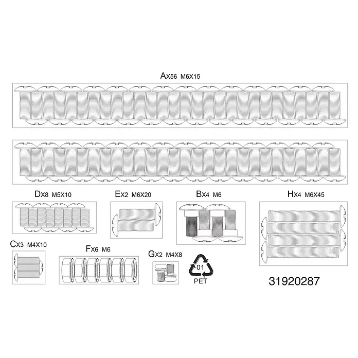 Grillstar Ersatzschrauben Set - Passend für: Grillstar Gasgrill Powerburner 250-1 - Technische Zeichnung verschiedener M4-, M5-, M6-Schrauben und Muttern mit Mengen. Inkl. PET-Recycling-Symbol.