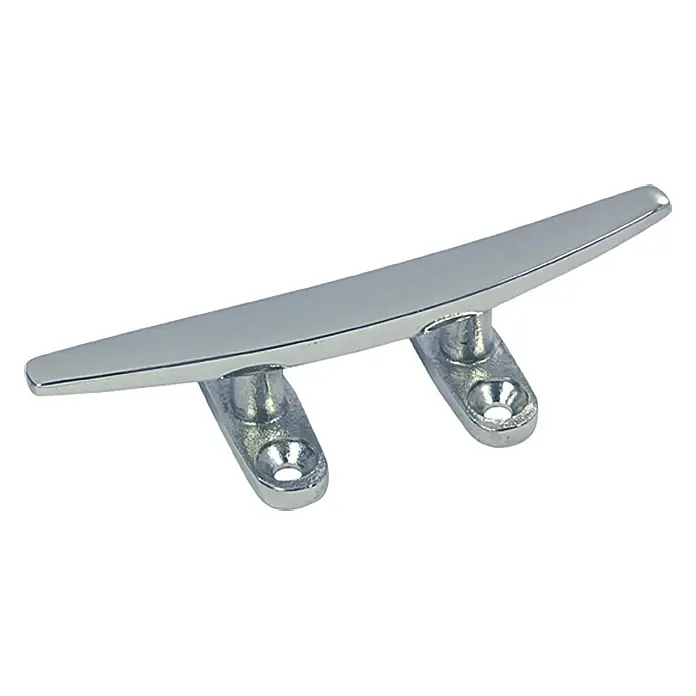Belegklampe - 200 mm, Flach, Edelstahl, A4, Anzahl Bohrungen: 4 Stk. - Nahaufnahme einer polierten Bootsklampe aus Edelstahl, ideal für sicheres Festmachen und Anlegen von Booten.