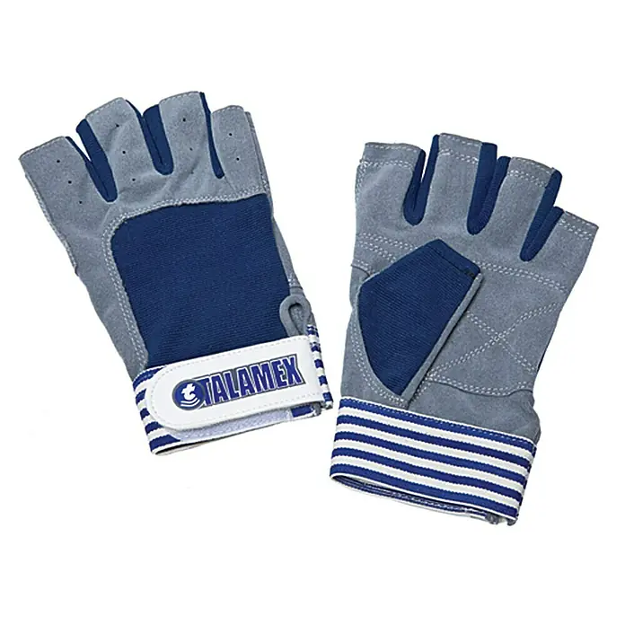 Talamex Segelhandschuhe - XL, Textil, Kurze Finger - Abgebildet sind zwei graue und blaue Trainingshandschuhe mit abgeschnittenen Fingern der Marke Talamex, ideal für Fitness und Gewichtheben.