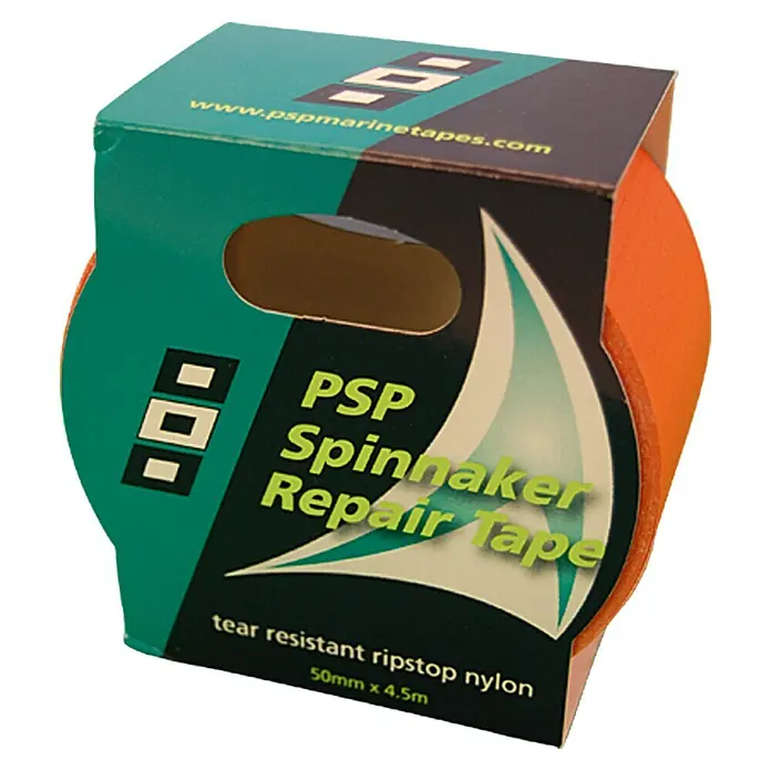 PSP Spinnakertape - Orange, 4,5 m x 50 mm - Rollenetikett mit PSP Spinnaker Reparatur-Tape, orangefarben und mit dem Text "tear resistant ripstop nylon 50mm x 4.5m".