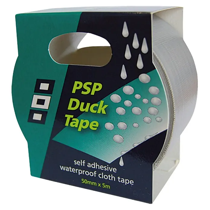 Duck Tape - Silber, 5 m x 50 mm - Nahaufnahme von einer Rolle PSP Duck Tape, selbstklebend und wasserfest, 50mm x 5m. Ideal für verschiedene Anwendungen.