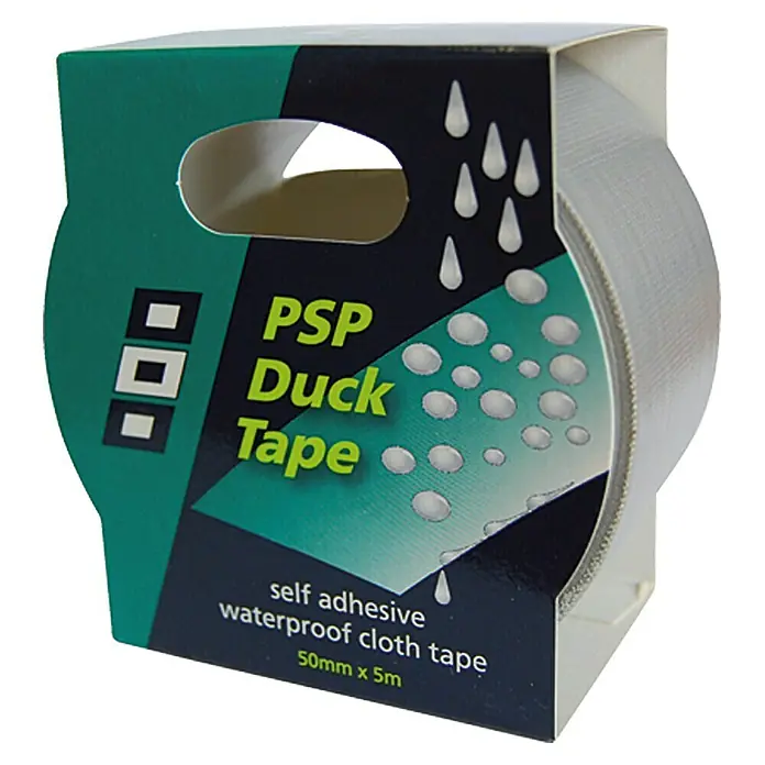 Duck Tape - Silber, 5 m x 50 mm - Nahaufnahme von einer Rolle PSP Duck Tape, selbstklebend und wasserfest, 50mm x 5m. Ideal für verschiedene Anwendungen.