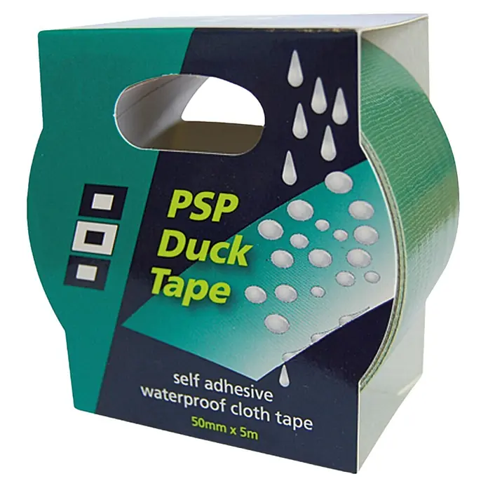 Duck Tape - Grün, 5 m x 50 mm - Nahaufnahme einer Rolle grünen PSP Duck Tape, selbstklebendes, wasserfestes Gewebeband, 50mm x 5m, verpackt in einem Karton.