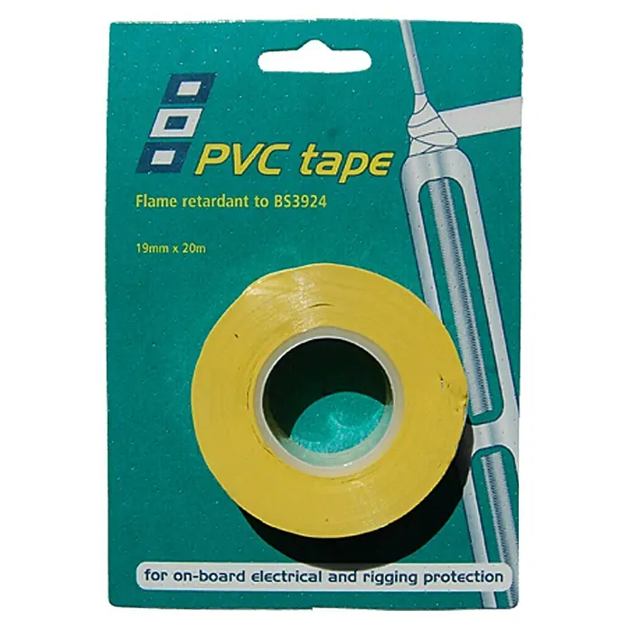 PSP Electrical & Rigging Tape - Gelb, 20 m x 19 mm - Abbildung einer gelben PVC-Isolierbandrolle, die als flammhemmend gemäß BS3924 gekennzeichnet ist und für elektrische Anlagen an Bord geeignet ist.