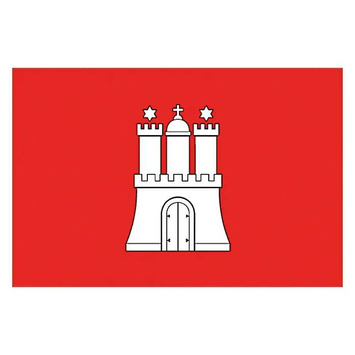 Flagge - Hamburg, 60 x 40 cm, Spunpolyester - Flagge Hamburgs. Roter Hintergrund mit weißer Burg in der Mitte, gekrönt von einem Kreuz und zwei Sternen.
