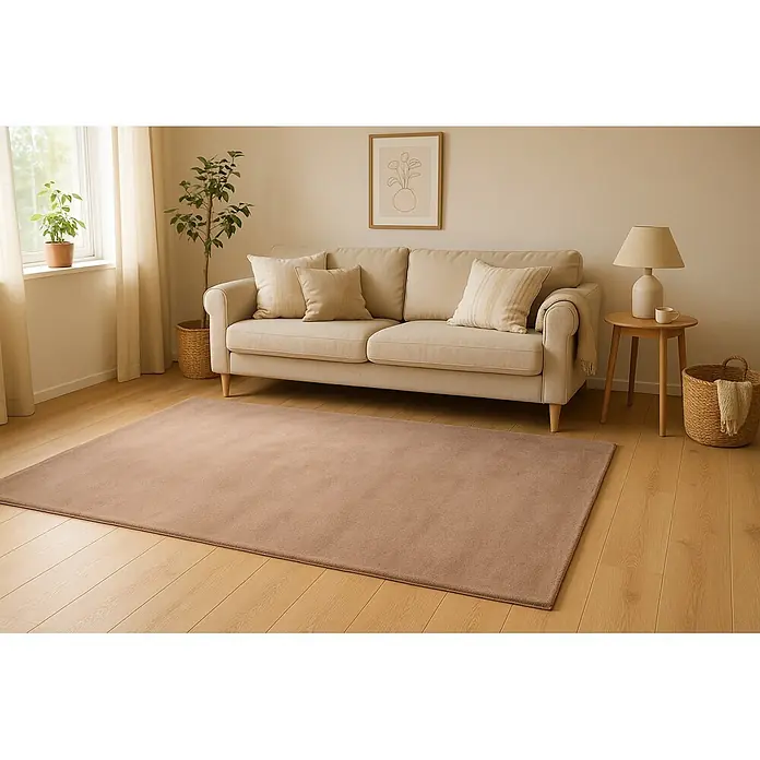 Kayoom Fellteppich Cross 425 - Taupe, 170 x 120 cm, 100 % Polyester - Ein rechteckiger, weicher brauner Teppich auf hellem Holzboden in einem gemütlichen Wohnzimmer, vor einem beigefarbenen Sofa platziert.