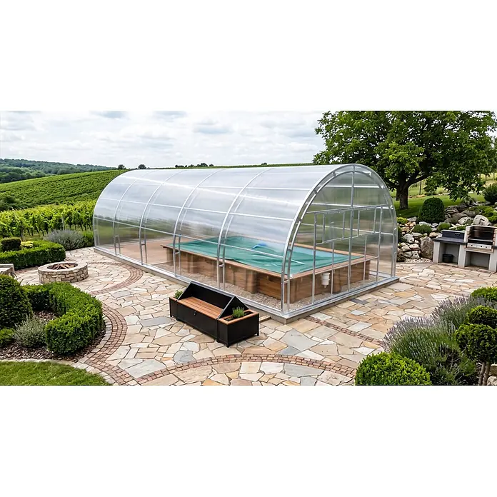 Garten Dream Poolüberdachung Grand Oasis, 4mm Polycarbonat - L x B x H: 800 x 400 x 289 cm - Große, transparente, gewölbte Überdachung für einen rechteckigen Pool auf einer Terrasse. Polycarbonat-Paneele und Aluminiumrahmen.