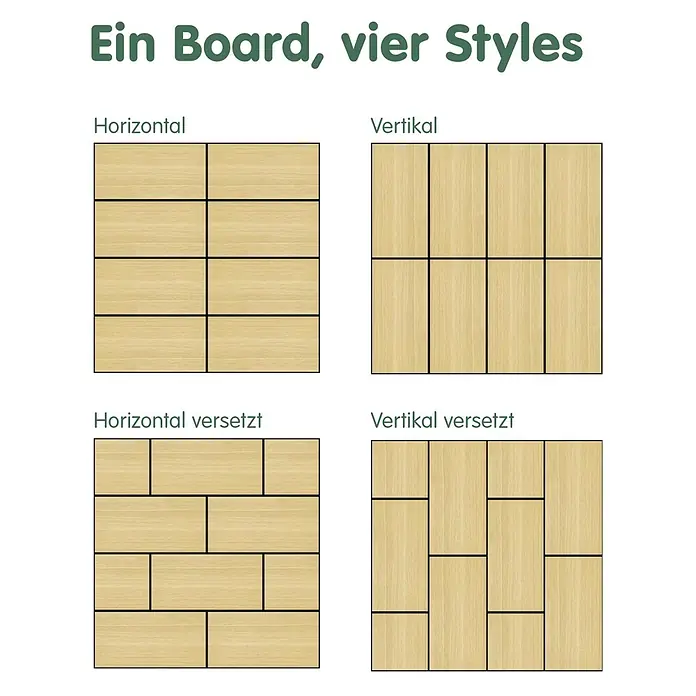 Sonido Akustikplatte New Oak Light - Braun, L x B x S: 740 x 370 x 9 mm, 3 Stk., 0,82 m² - Vier Anordnungen heller, rechteckiger Holzpaneele, die horizontale, vertikale und versetzte Verlegemuster zeigen.