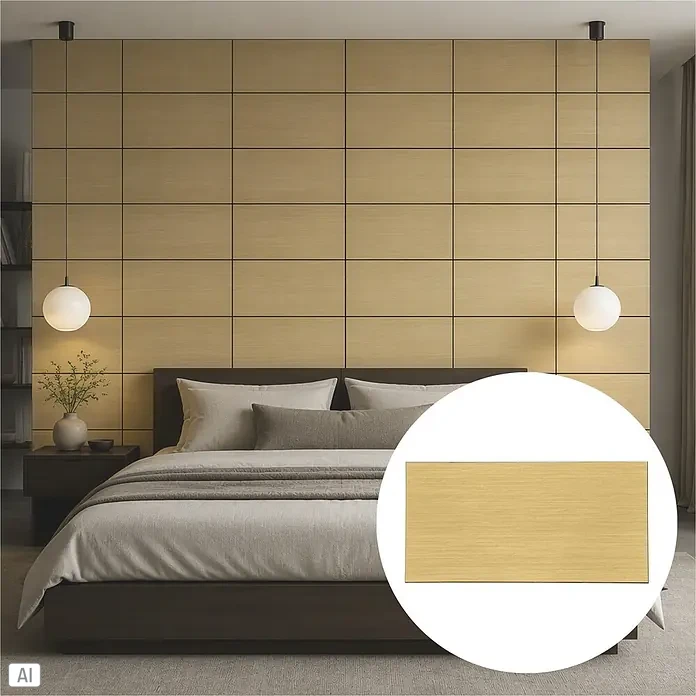 Sonido Akustikplatte New Oak Light - Braun, L x B x S: 740 x 370 x 9 mm, 3 Stk., 0,82 m² - Helle Holz-Rechteckwandpaneele mit natürlicher Maserung, über einem Bett im Schlafzimmer angebracht.