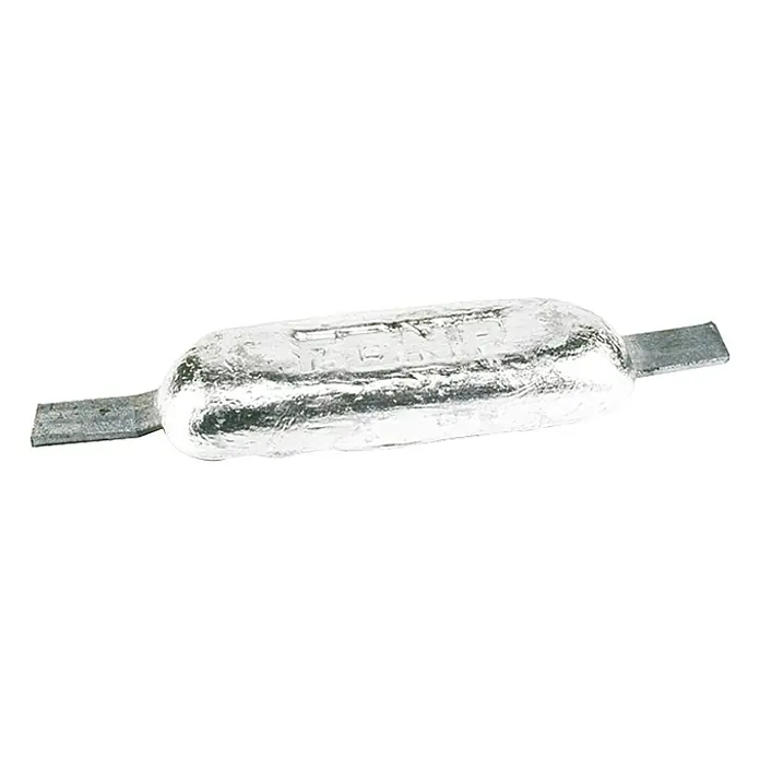 Talamex Rumpfanode - Zink, 1 kg, Salzwasser, 110 x 60 x 28 mm, Schweißen - Ein länglicher, metallischer Ankergewicht mit seitlichen Befestigungslaschen für einen sicheren Halt unter Wasser.