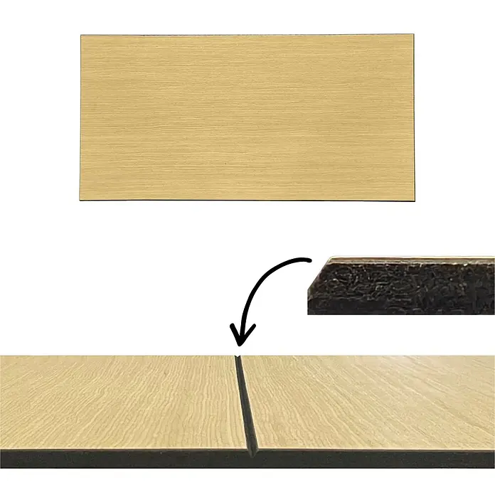 Sonido Akustikplatte New Oak Light - Braun, L x B x S: 740 x 370 x 9 mm, 3 Stk., 0,82 m² - Beige Holzmaserungsplatte mit dunklem, faserigem Kern, die eine V-Nut-Verbindung zeigt.