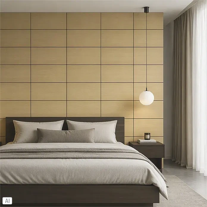 Sonido Akustikplatte New Oak Light - Braun, L x B x S: 740 x 370 x 9 mm, 3 Stk., 0,82 m² - Modernes Schlafzimmer mit dunklem Holzbett, heller Bettwäsche, Holzwandpaneelen, Nachttisch und Kugellampe.