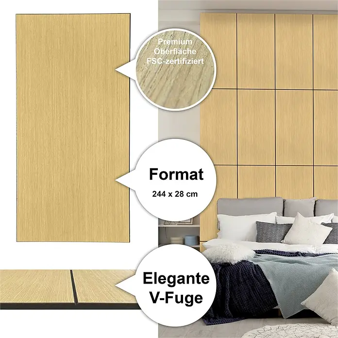 Sonido Akustikplatte New Oak Light - Braun, L x B x S: 740 x 370 x 9 mm, 3 Stk., 0,82 m² - Helle Holzoptik-Wandpaneele (244x28cm) mit eleganter V-Fuge, FSC-zertifiziert, als dekorative Wandverkleidung.