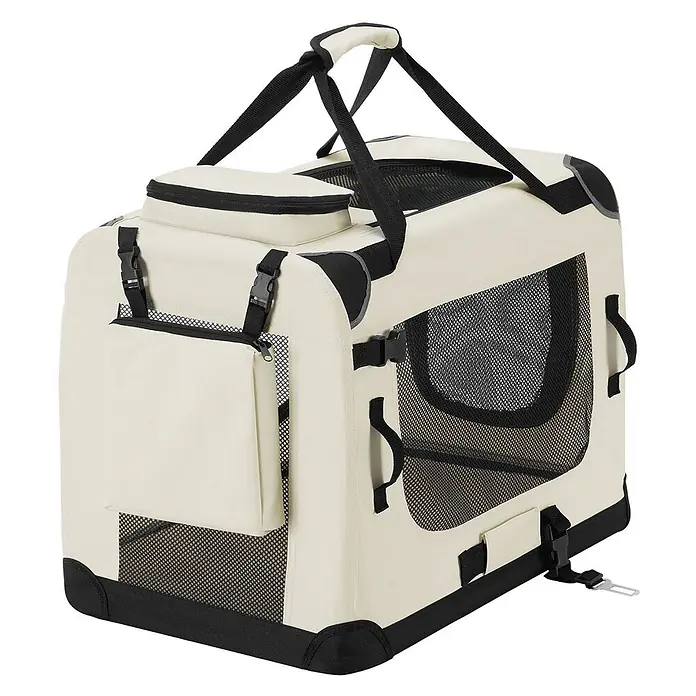 Juskys Transporttasche - 50 x 34 x 36 cm, Textil, Beige - Weiche, beigefarbene Haustiertransportbox mit schwarzen Netzfenstern, Griffen und Seitentaschen.