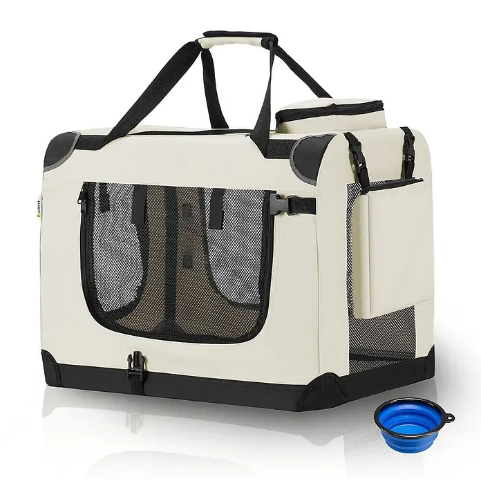 Juskys Transporttasche - 50 x 34 x 36 cm, Textil, Beige - Beige-schwarze faltbare Haustiertransportbox mit Netzfenstern, Tragegriff, Seitentasche und blauem Faltschüssel.