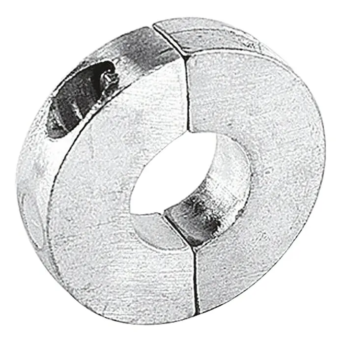 Talamex Wellenanode - Zink, Durchmesser Schaft: 30 mm, Salzwasser, Rund - Nahaufnahme einer zweiteiligen Wellenkupplung aus Metall mit Madenschraube zur sicheren Befestigung von Wellen in verschiedenen Anwendungen.