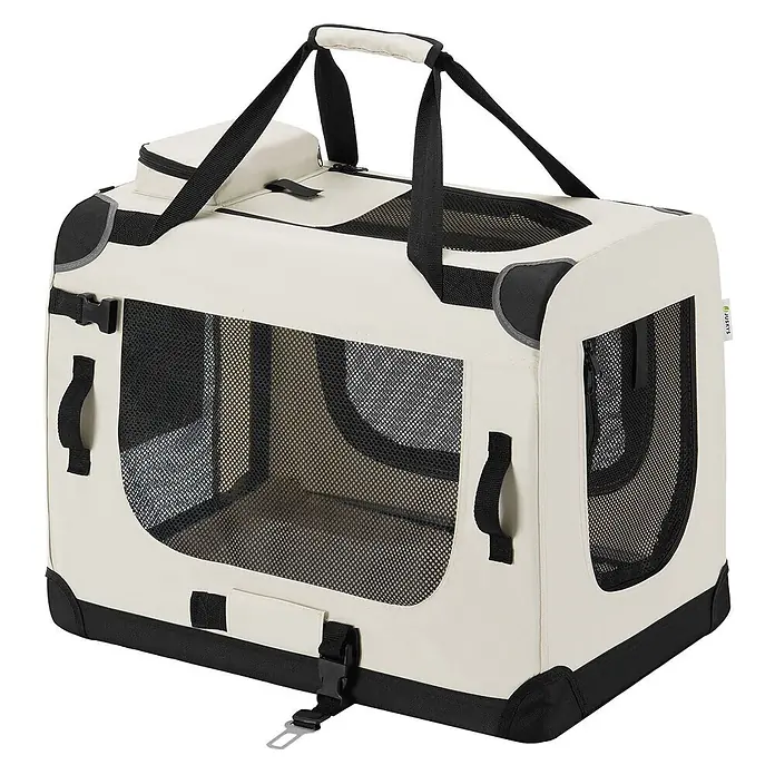 Juskys Transporttasche - 50 x 34 x 36 cm, Textil, Beige - Cremefarbene und schwarze faltbare Weich-Haustiertragetasche mit Netzfenstern, Tragegriffen und Gurtschnalle für sicheren Transport.