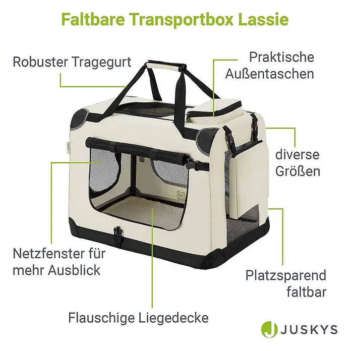Juskys Transporttasche - 50 x 34 x 36 cm, Textil, Beige - Faltbare Transportbox in Cremefarben und Schwarz mit Netzen, Tragegurt, Taschen und weicher Liegedecke.