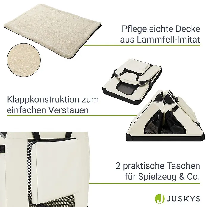 Juskys Transporttasche - 50 x 34 x 36 cm, Textil, Beige - Beige Faltbox für Haustiere mit kuscheliger Lammfell-Imitat-Matte und 2 Seitentaschen.