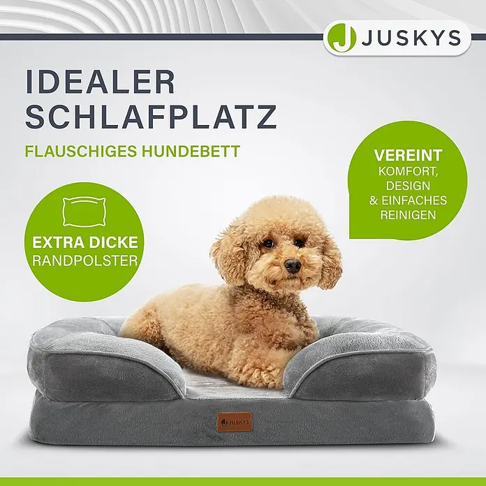 Juskys Haustierbett - 72 x 60 x 17 cm, Textil, Grau - Graues Plüsch-Hundebett mit dicken Randpolstern, darauf ein kleiner brauner Pudel.