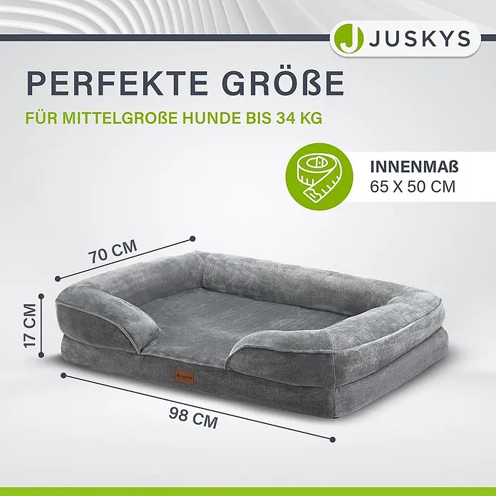 Juskys Haustierbett - 98 x 70 x 17 cm, Textil, Grau - Graues Plüsch-Hundebett (98x70x17 cm außen, Liegefläche 65x50 cm), für mittelgroße Hunde bis 34 kg.