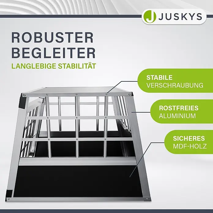 Juskys Transportbox - 69 x 54 x 51 cm, Aluminium, Schwarz / Silber - Eine robuste Hundetransportbox aus rostfreiem Aluminium und sicherem MDF-Holz, für langlebige Stabilität.