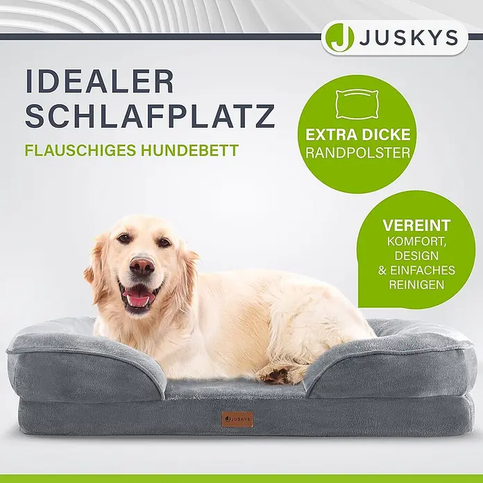 Juskys Haustierbett - 98 x 70 x 17 cm, Textil, Grau - Ein zufriedener Golden Retriever ruht bequem auf einem plüschigen, grauen Hundebett mit dicken, gepolsterten Seiten.