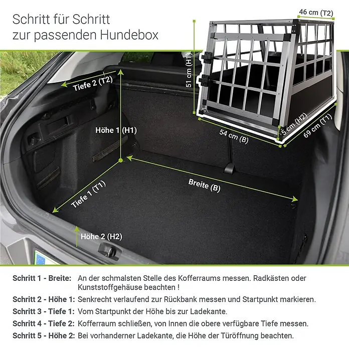 Juskys Transportbox - 69 x 54 x 51 cm, Aluminium, Schwarz / Silber - Eine Aluminium-Hundebox mit Maßen und Anleitung zum Ausmessen eines Kofferraums.