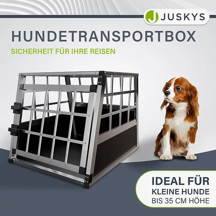 Juskys Transportbox - 69 x 54 x 51 cm, Aluminium, Schwarz / Silber - Silberne Aluminium-Hundetransportbox mit schwarzem Boden, ideal für kleine Hunde bis 35 cm Höhe. Ein Hund sitzt daneben.
