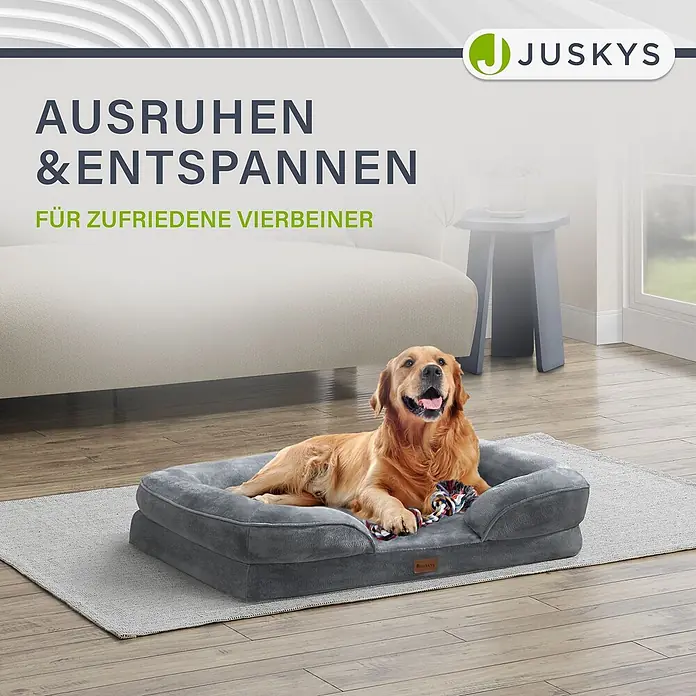 Juskys Haustierbett - 98 x 70 x 17 cm, Textil, Grau - Ein glücklicher Golden Retriever liegt auf einem weichen, grauen JUSKYS Hundebett im Wohnzimmer.