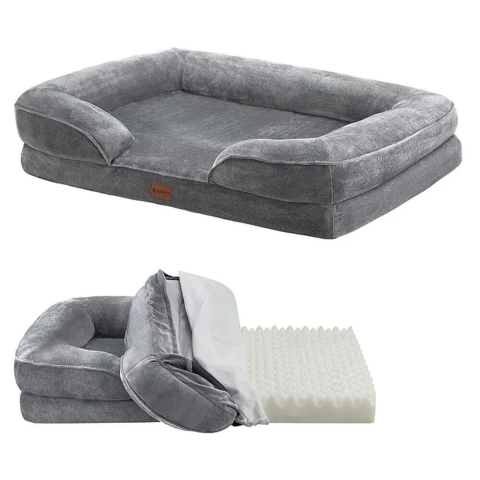 Juskys Haustierbett - 98 x 70 x 17 cm, Textil, Grau - Graues Plüsch-Hundebett mit Rand. Zeigt abnehmbaren Bezug und Eierkarton-Schaumstoffmatratze.