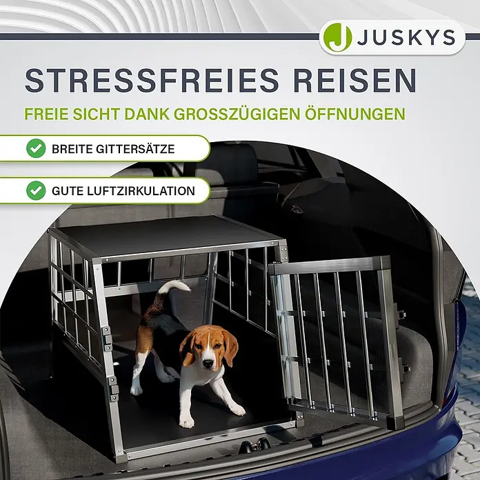 Juskys Transportbox - 69 x 54 x 51 cm, Aluminium, Schwarz / Silber - Silber-schwarze Metall-Hundetransportbox im Kofferraum mit Beagle, bietet weite Sicht und gute Luftzirkulation für stressfreies Reisen.