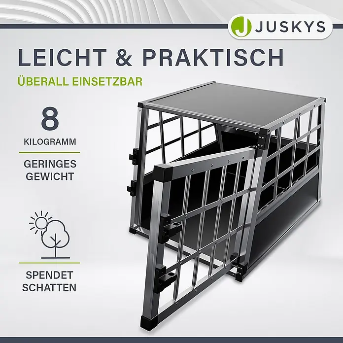 Juskys Transportbox - 69 x 54 x 51 cm, Aluminium, Schwarz / Silber - Dunkelgraue und silberne, leichte Transportbox für Haustiere mit offener Tür, praktisch und überall einsetzbar.