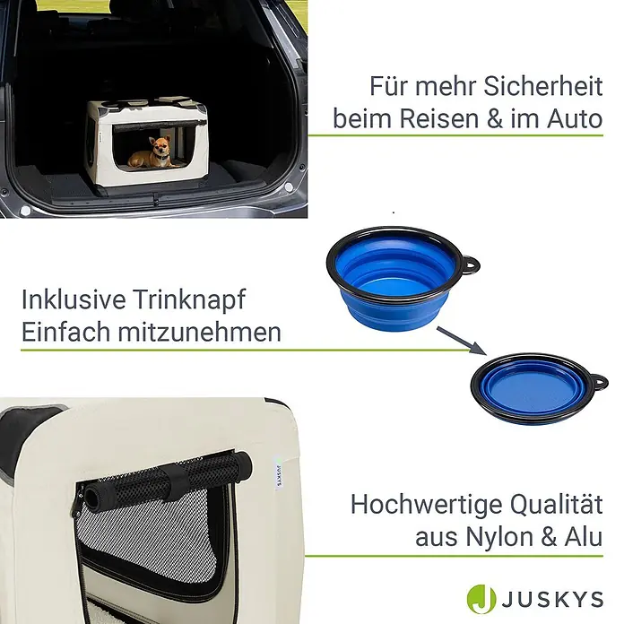 Juskys Transporttasche - 50 x 34 x 36 cm, Textil, Beige - Beige Transportbox aus Nylon & Alu mit Hund im Kofferraum, dazu blaue faltbare Trinknäpfe. Für sicheres Reisen im Auto.