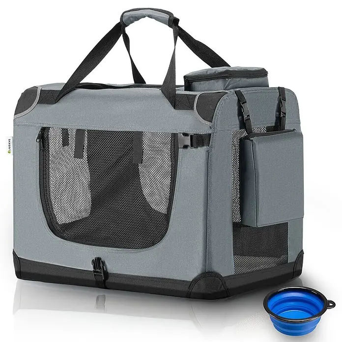 Juskys Transporttasche - 50 x 34 x 36 cm, Textil, Grau - Grau-schwarze, weiche Haustiertrage mit Netzfenstern, Tragegriffen, Seitentaschen und blauer Faltschüssel.