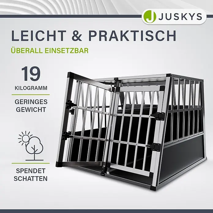 Juskys Transportbox - 90 x 96 x 71 cm, Aluminium, Schwarz / Silber - Leichte silberne und schwarze Aluminium-Hundetransportbox mit geöffneter Tür.