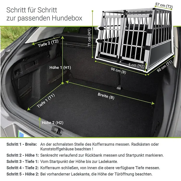 Juskys Transportbox - 90 x 96 x 71 cm, Aluminium, Schwarz / Silber - Hundebox aus Metall mit Maßen, die das Ausmessen eines Kofferraums für einen passenden Sitz veranschaulicht.