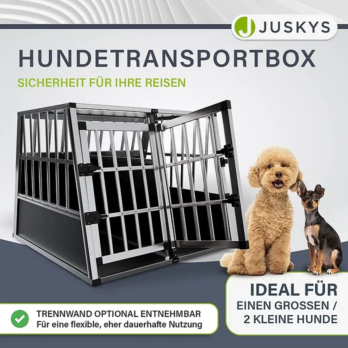 Juskys Transportbox - 90 x 96 x 71 cm, Aluminium, Schwarz / Silber - Silber-schwarze Hundetransportbox mit offener Tür, geeignet für einen großen oder zwei kleine Hunde, Trennwand optional entnehmbar.