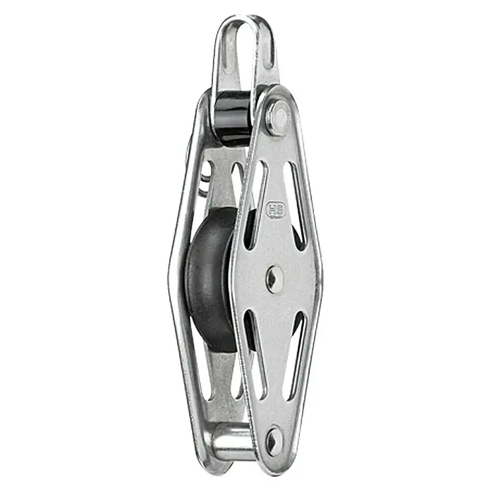 Sprenger Block - 8 mm, Bruchlast: 800 kg, Hundsfott, Gleitlager, 30 x 10 mm, Arbeitslast: 200 kg - Detailaufnahme eines einzelnen, silberfarbenen Umlenkblocks mit schwarzem Rad, ideal für Segelboote und andere maritime Anwendungen.