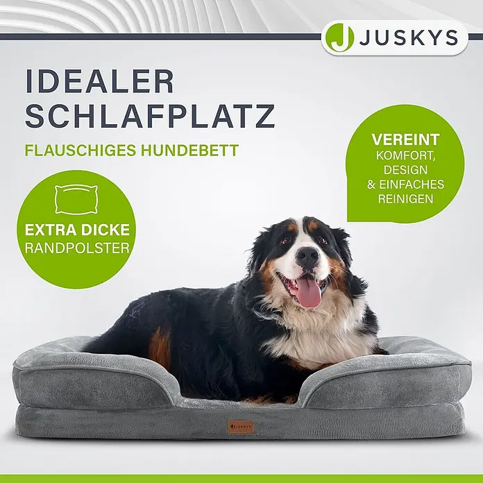 Hundebett Sheena XL -  - Graues flauschiges Hundebett mit dicken Randpolstern. Ein Berner Sennenhund liegt bequem darauf.