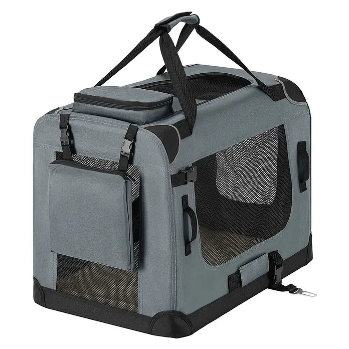 Juskys Transporttasche - 50 x 34 x 36 cm, Textil, Grau - Graue weiche Haustiertragetasche mit schwarzen Netzfenstern, oberen und seitlichen Taschen sowie Tragegriffen.