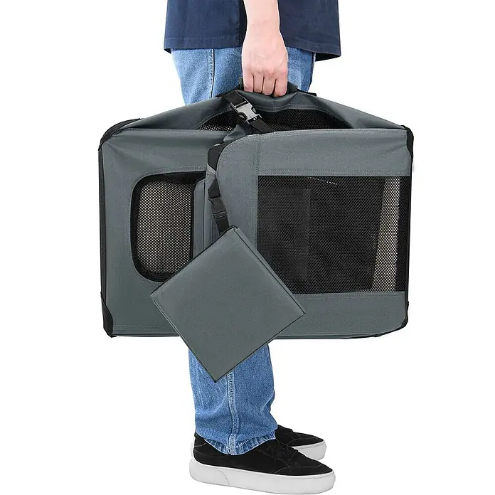 Juskys Transporttasche - 50 x 34 x 36 cm, Textil, Grau - Graue faltbare Haustiertransportbox mit Netzfenstern, wird getragen.