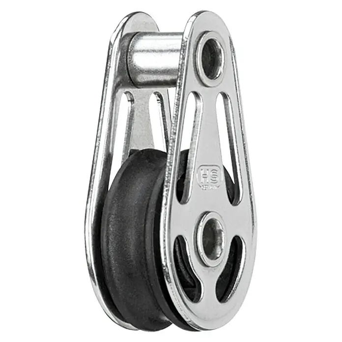 Sprenger Mini-Block - 6 mm, Hundsfott, Gleitlager, 25 x 9,2 mm, Arbeitslast: 175 kg - Nahaufnahme eines einzelnen Segelbootsblocks aus Edelstahl mit schwarzer Rolle, ideal für Bootsausrüstung und Segelzubehör.