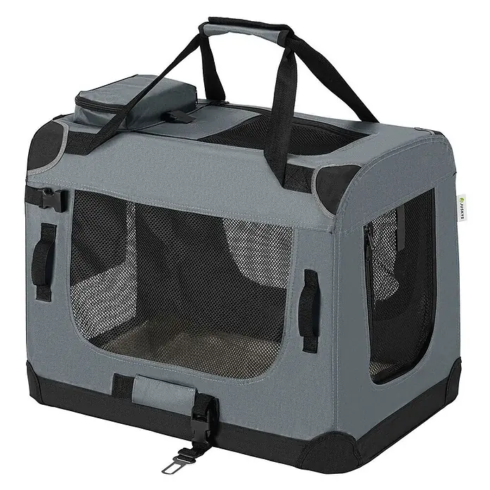 Juskys Transporttasche - 50 x 34 x 36 cm, Textil, Grau - Grau-schwarze, weiche Haustiertransportbox mit Netzfenstern, Griffen und Autositzgurtschnalle für sicheres Reisen.