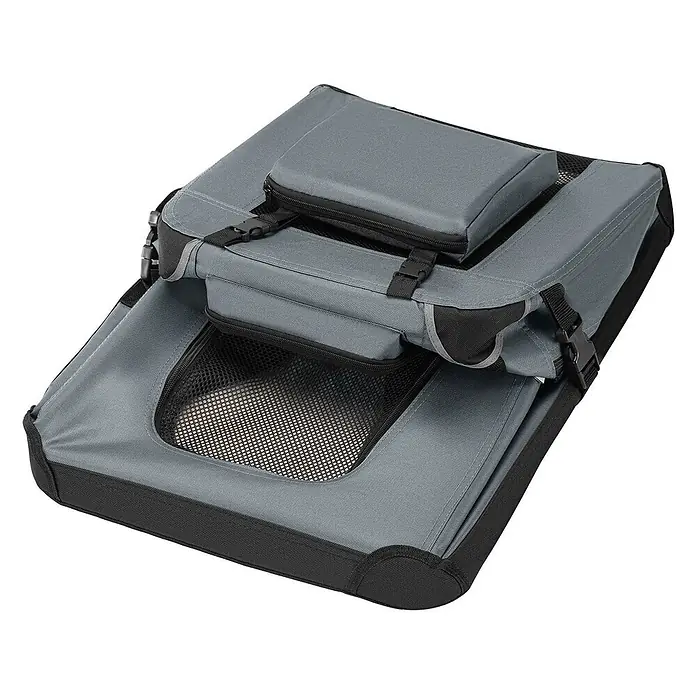 Juskys Transporttasche - 50 x 34 x 36 cm, Textil, Grau - Gefaltete graue Stoff-Haustiertragetasche mit schwarzen Akzenten, Schnallen und Netzfenster.
