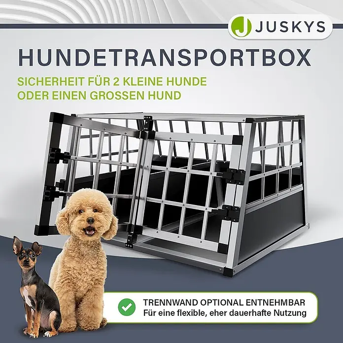 Juskys Transportbox - 51 x 89 x 70 cm, Aluminium, Schwarz / Silber - Hundetransportbox aus silbernem Aluminium und schwarzen Platten, mit optional herausnehmbarer Trennwand für 1 großen oder 2 kleine Hunde.