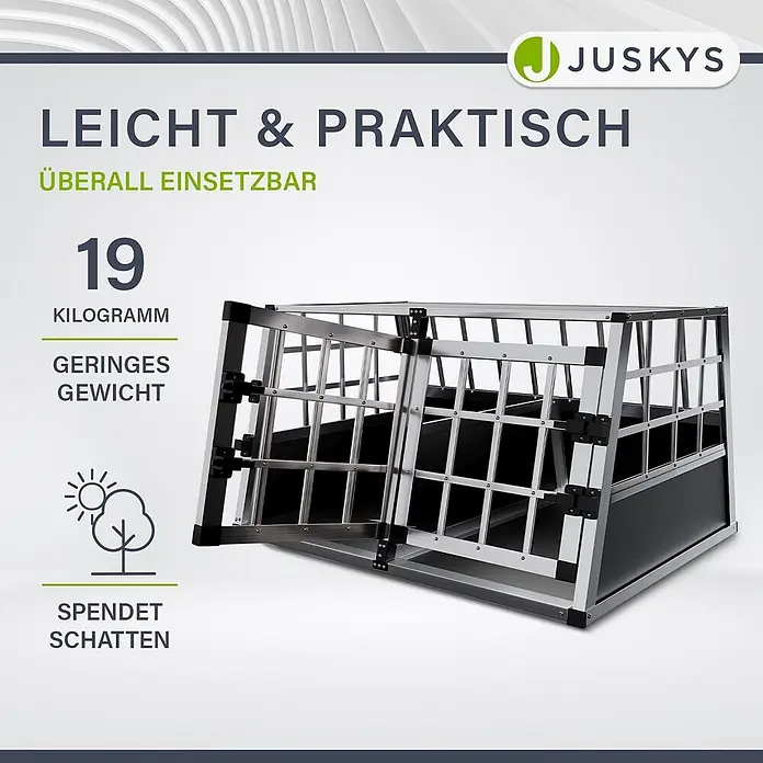 Juskys Transportbox - 51 x 89 x 70 cm, Aluminium, Schwarz / Silber - Leichte, schwarze und Aluminium-Hundetransportbox mit zwei Türen, für den Fahrzeugeinsatz.