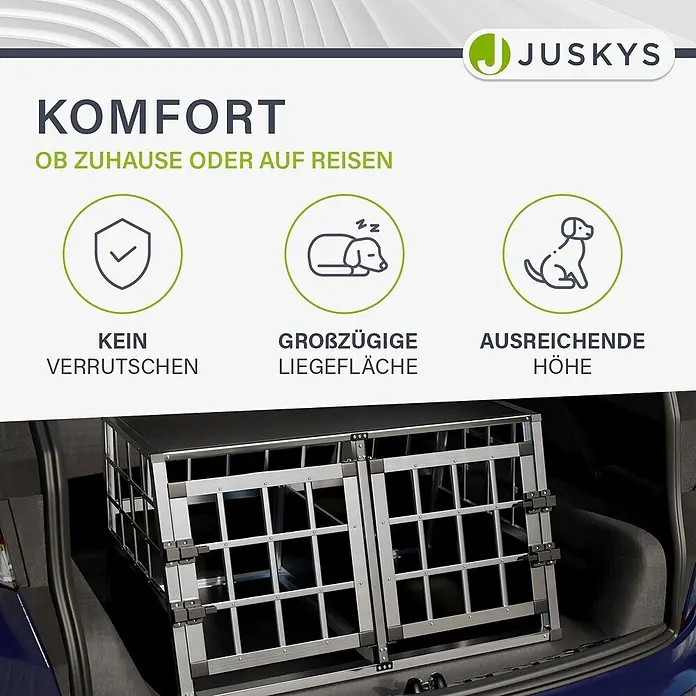 Juskys Transportbox - 51 x 89 x 70 cm, Aluminium, Schwarz / Silber - Silberne Metall-Hundetransportbox mit zwei Türen im Kofferraum eines Autos. Bietet Komfort für Haustiere auf Reisen.